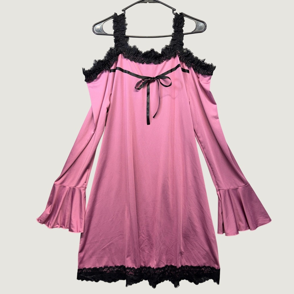 Mauve Cold Shoulder Dress 1X Lace Trim Bell Sleeve Babydoll Coquette Romance Y2K